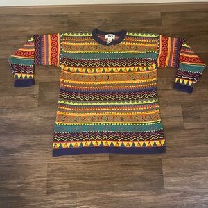 Vintage Women 90s Beaded Coogi Style Funky Sweater Long Sleeve Red Yellow Size M